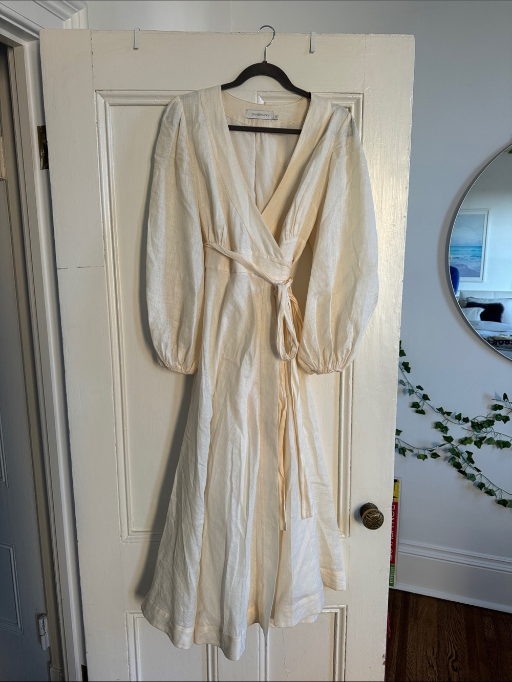 Zimmermann Cream Wrap Midi Dress with Puff Sleeves